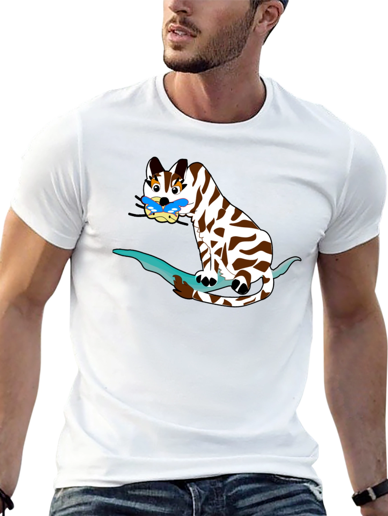 Cartoon Cat on Branch Black T-Shirt