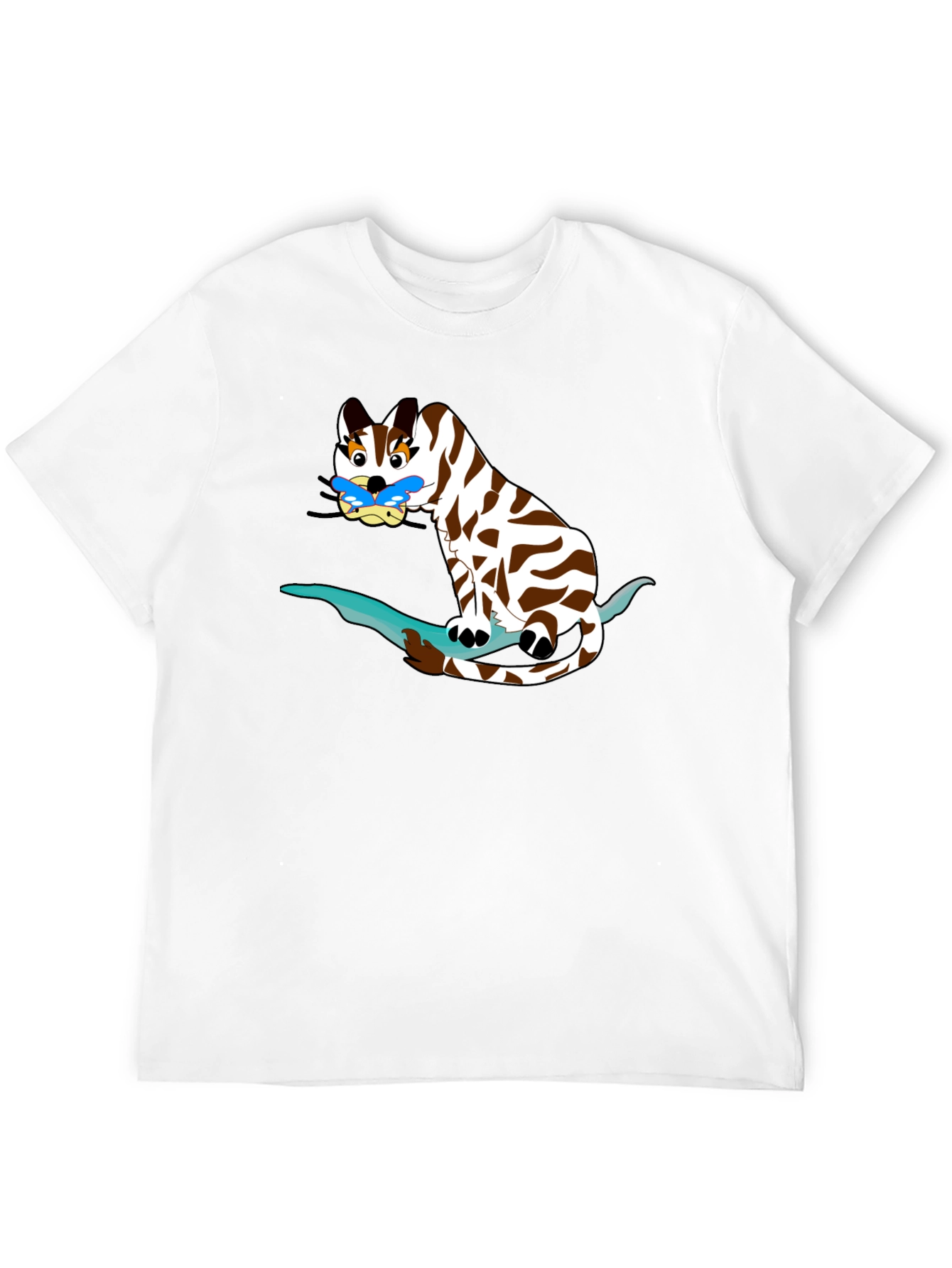 Cartoon Cat on Branch Black T-Shirt