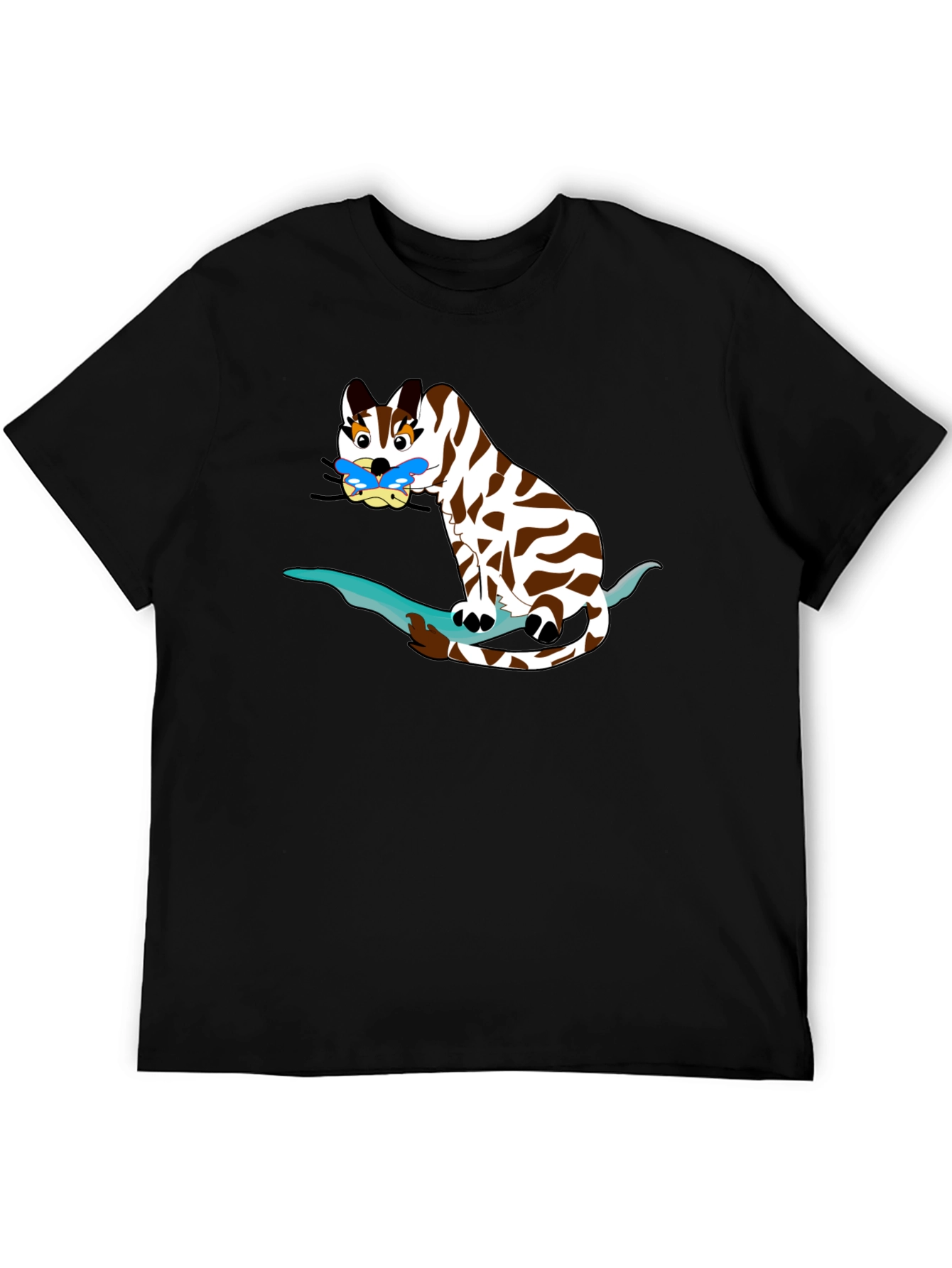 Cartoon Cat on Branch Black T-Shirt