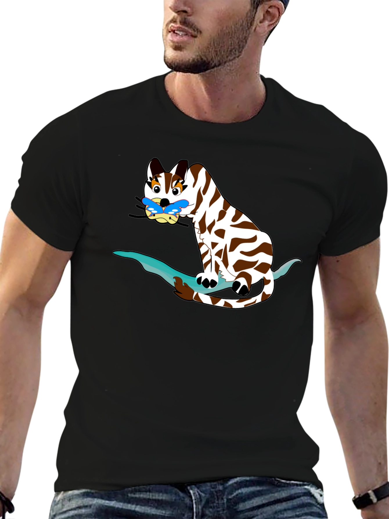 Cartoon Cat on Branch Black T-Shirt