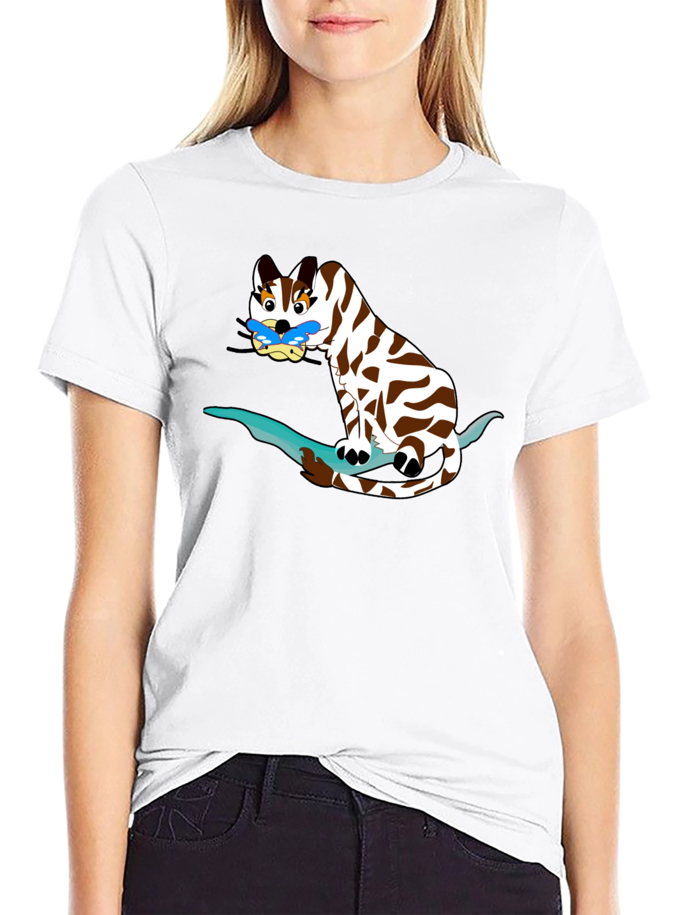 Cartoon Cat on Branch Black T-Shirt