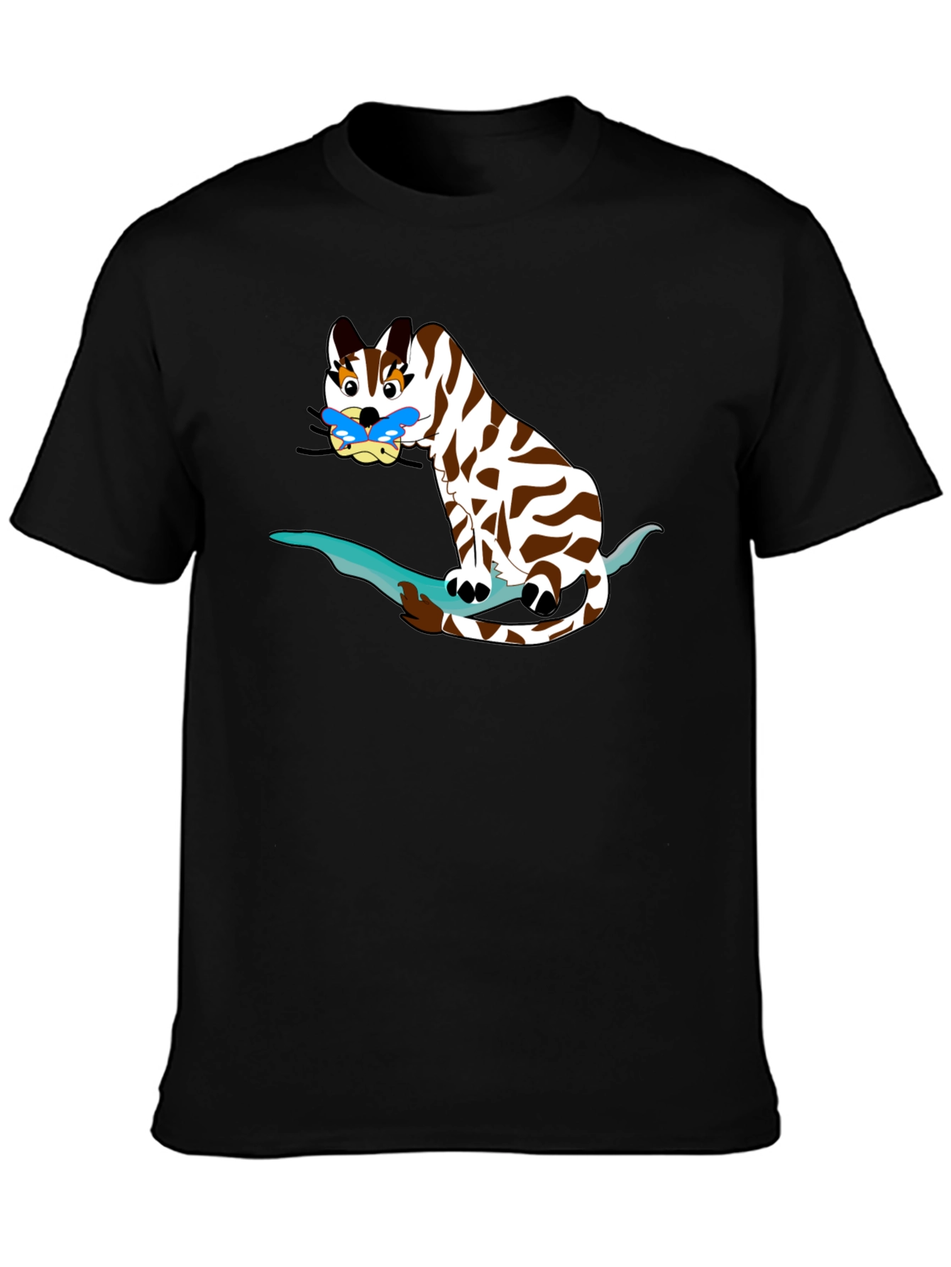 Cartoon Cat on Branch Black T-Shirt