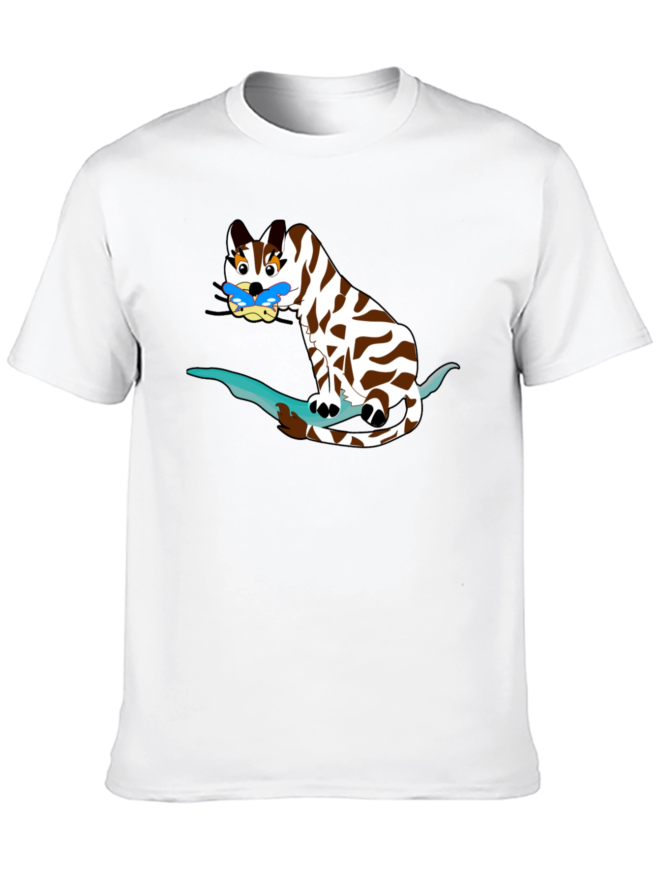 Cartoon Cat on Branch Black T-Shirt
