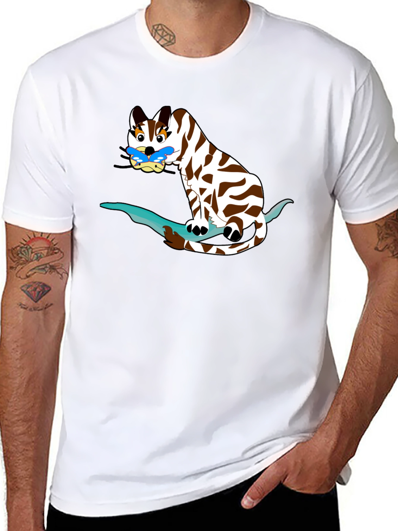Cartoon Cat on Branch Black T-Shirt
