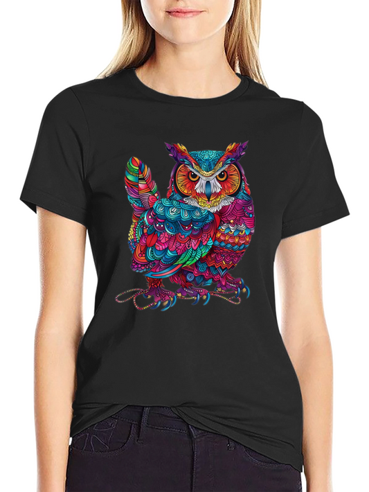 Colorful Owl Graphic Print Black T-Shirt