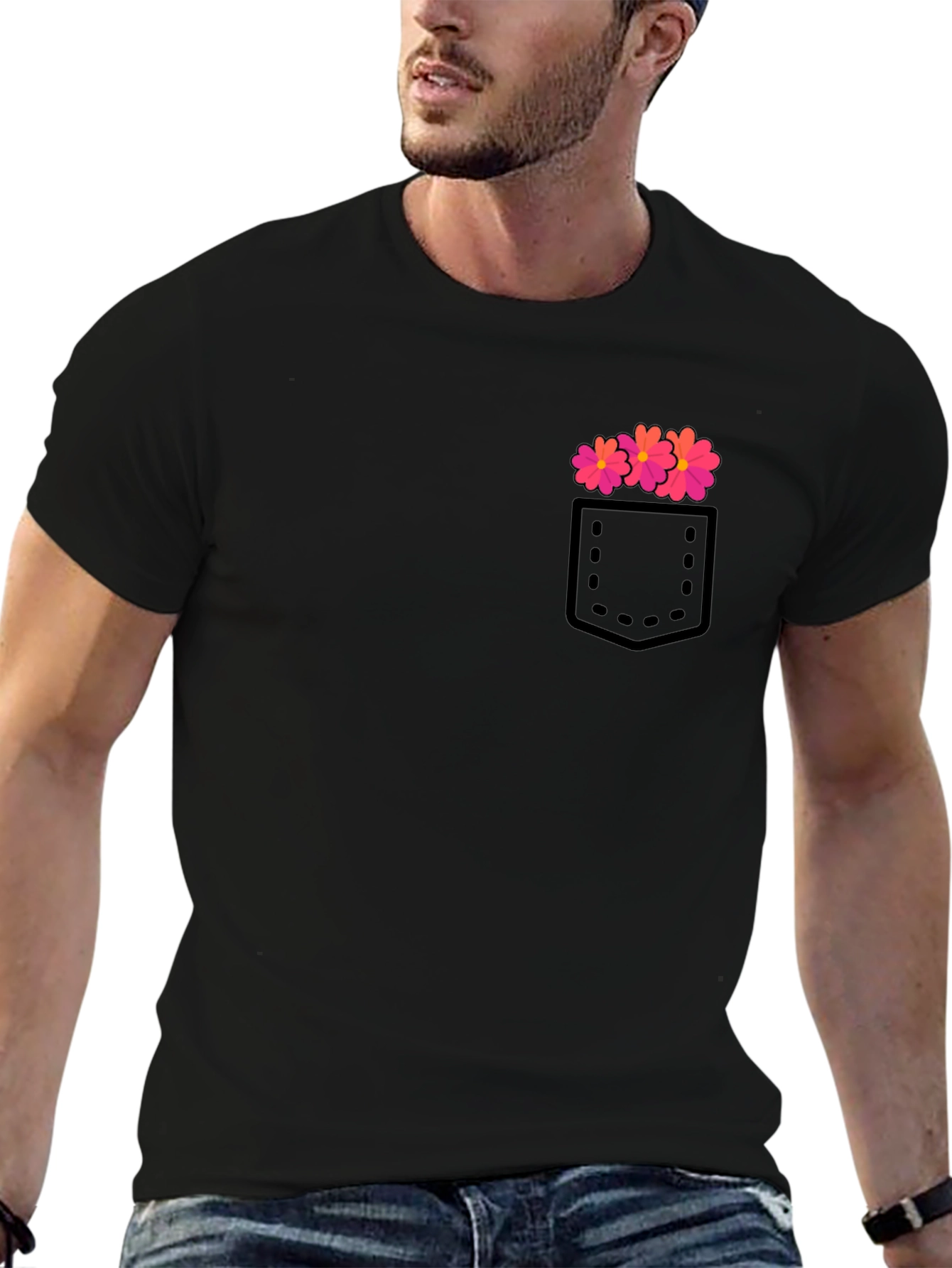Mens Black T-Shirt with Floral Pocket Design
