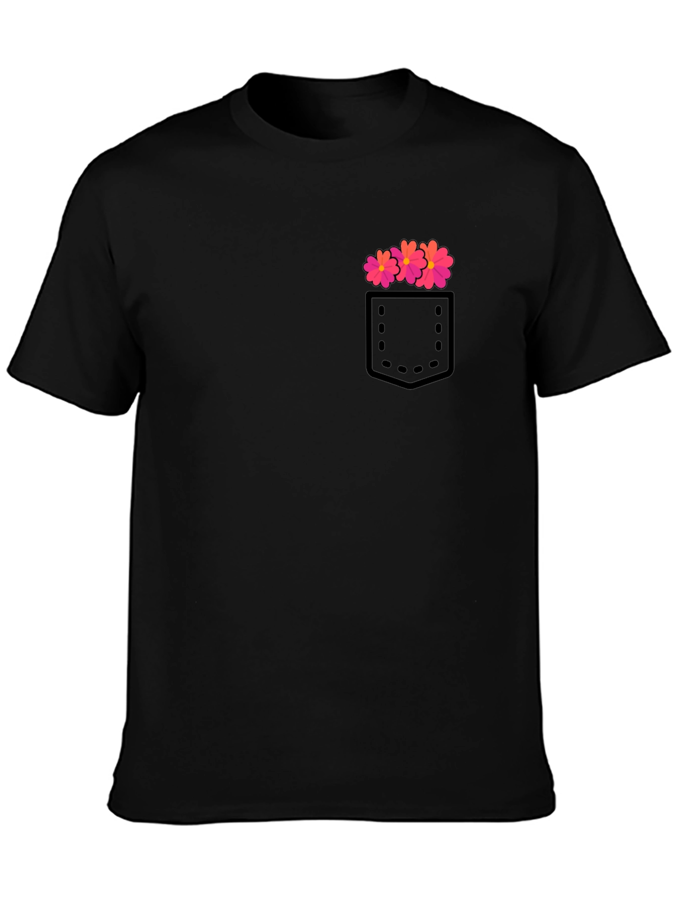 Mens Black T-Shirt with Floral Pocket Design
