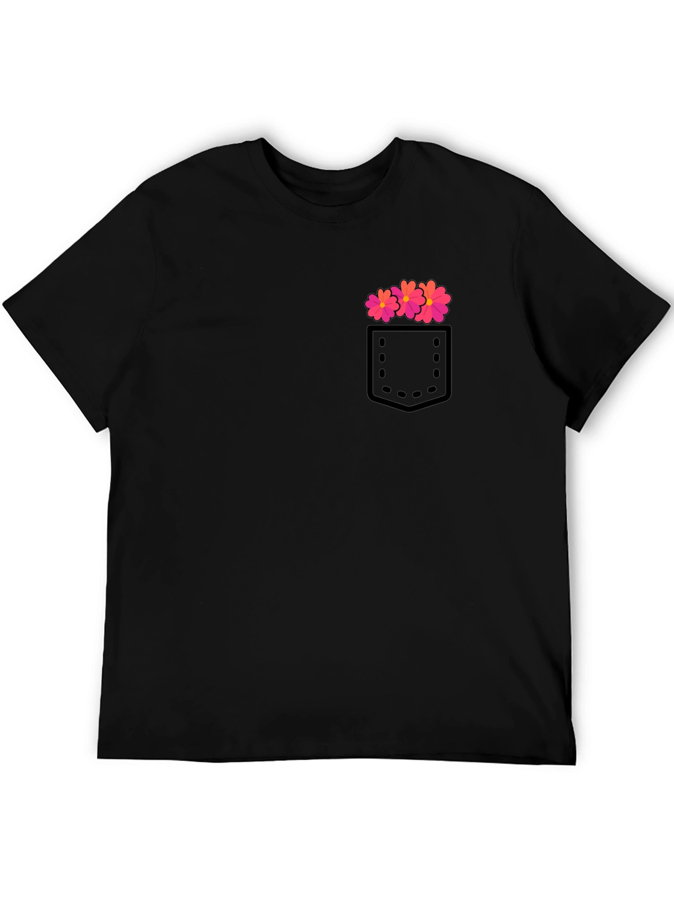 Mens Black T-Shirt with Floral Pocket Design