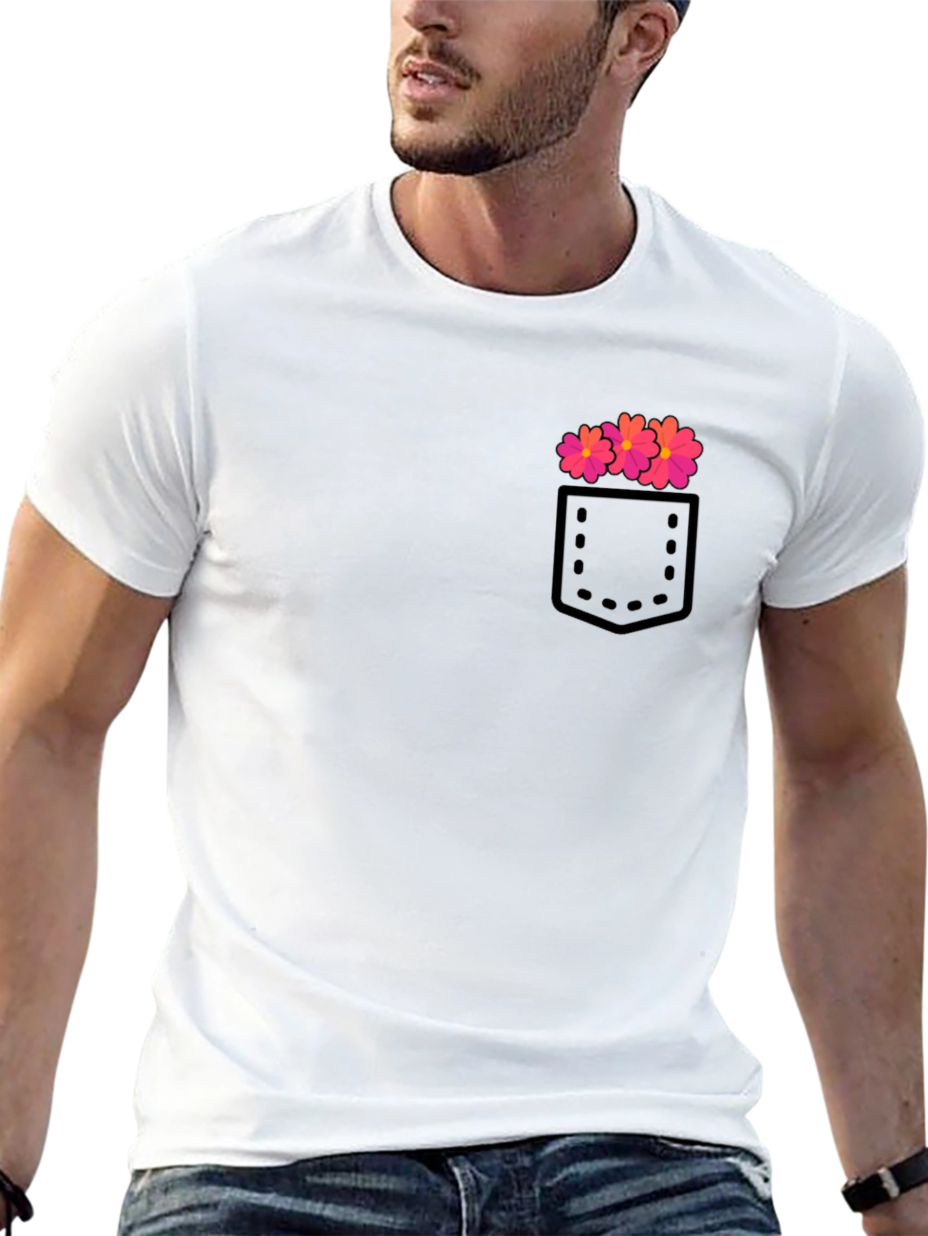 Mens Black T-Shirt with Floral Pocket Design