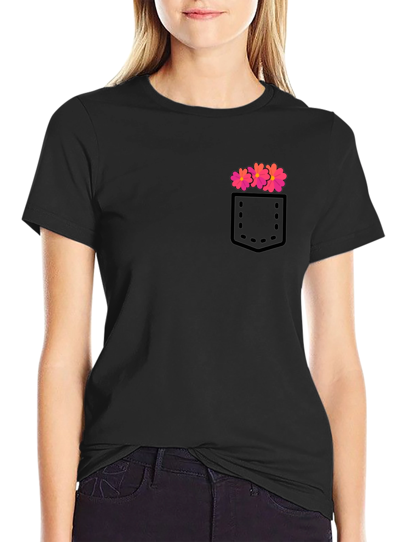 Mens Black T-Shirt with Floral Pocket Design