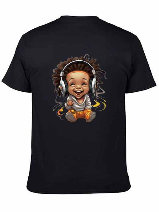 Black Graphic Tee - Cartoon Baby with Headphones Design