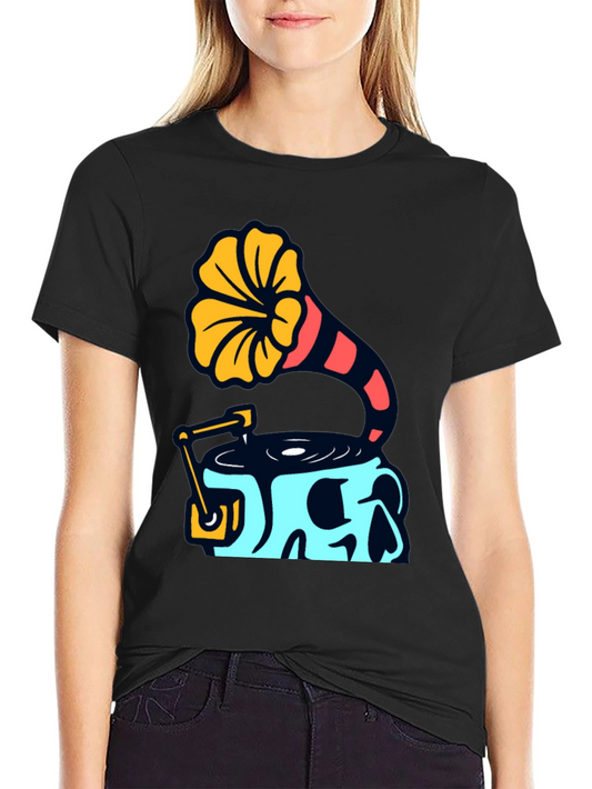 Skull Phonograph Graphic Tee - Retro Music Style