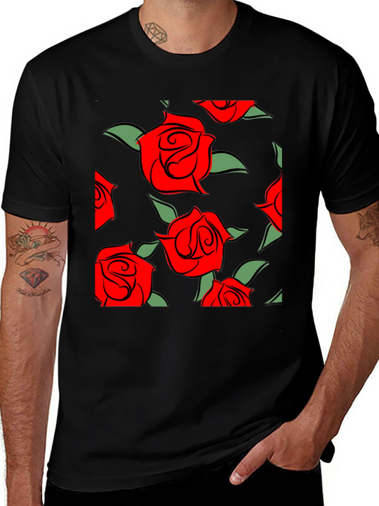 Red Rose Pattern Black T-Shirt