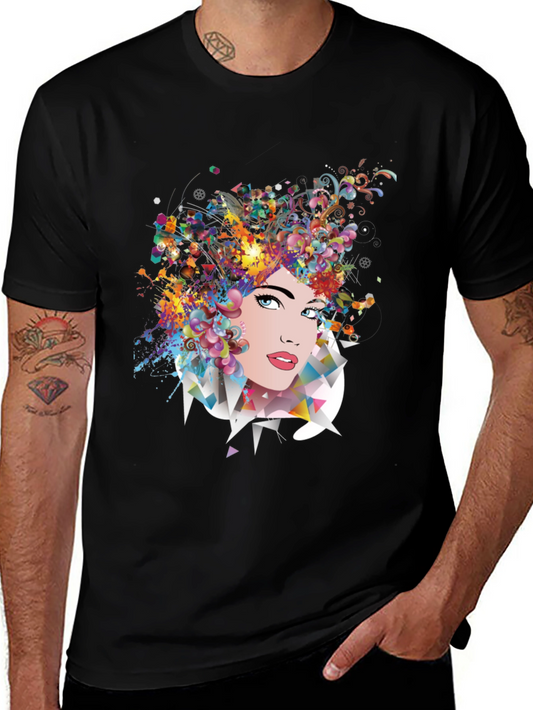 Abstract Woman Art Graphic Print Black T-Shirt