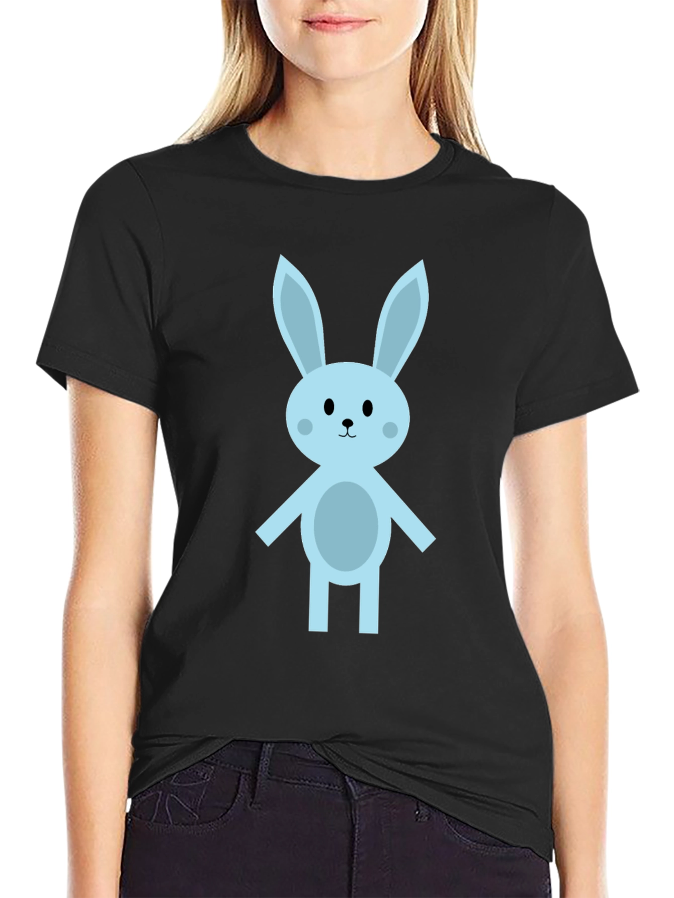 Cute Cartoon Bunny Black T-Shirt