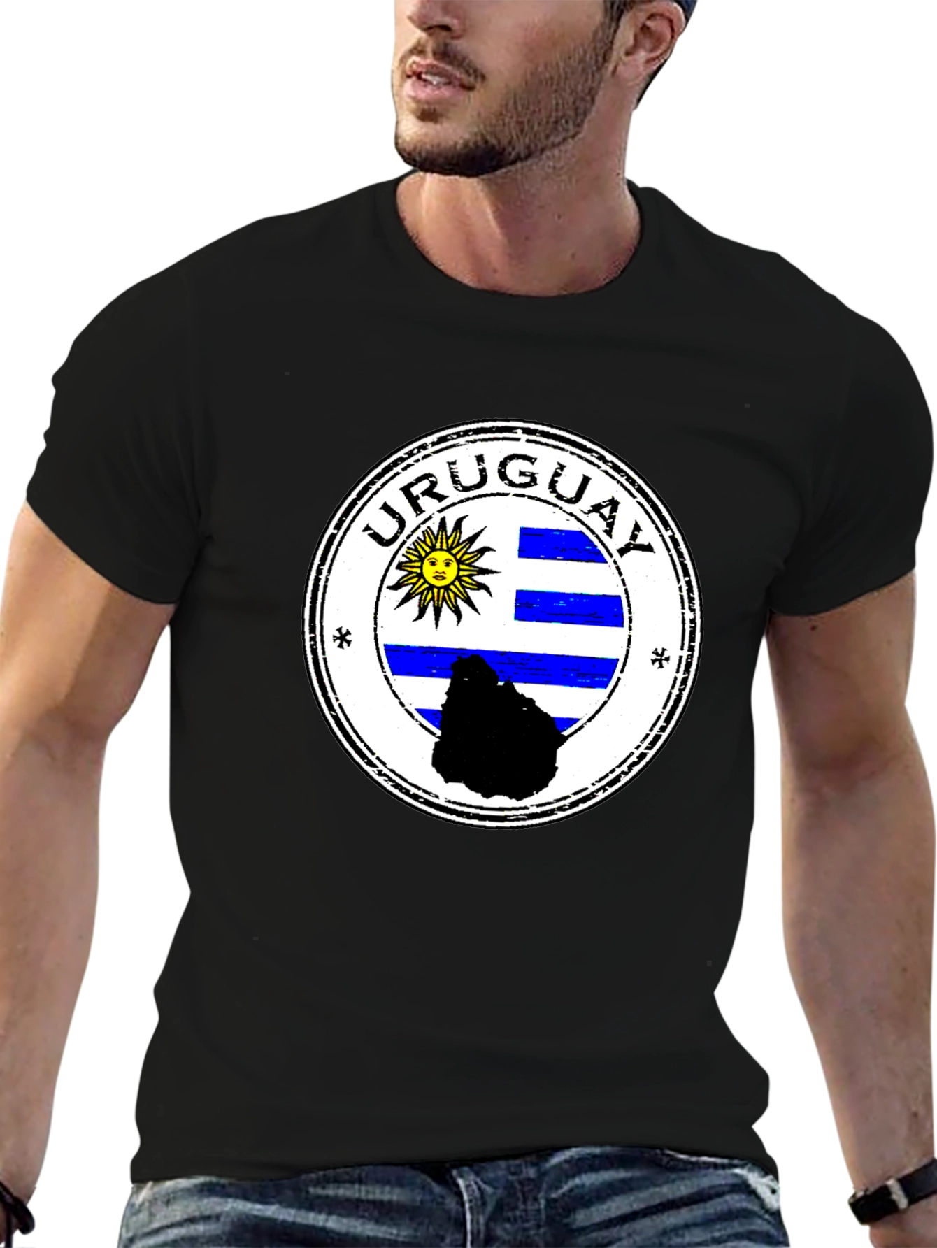 Uruguay Flag Graphic Tee - Black Cotton T-Shirt