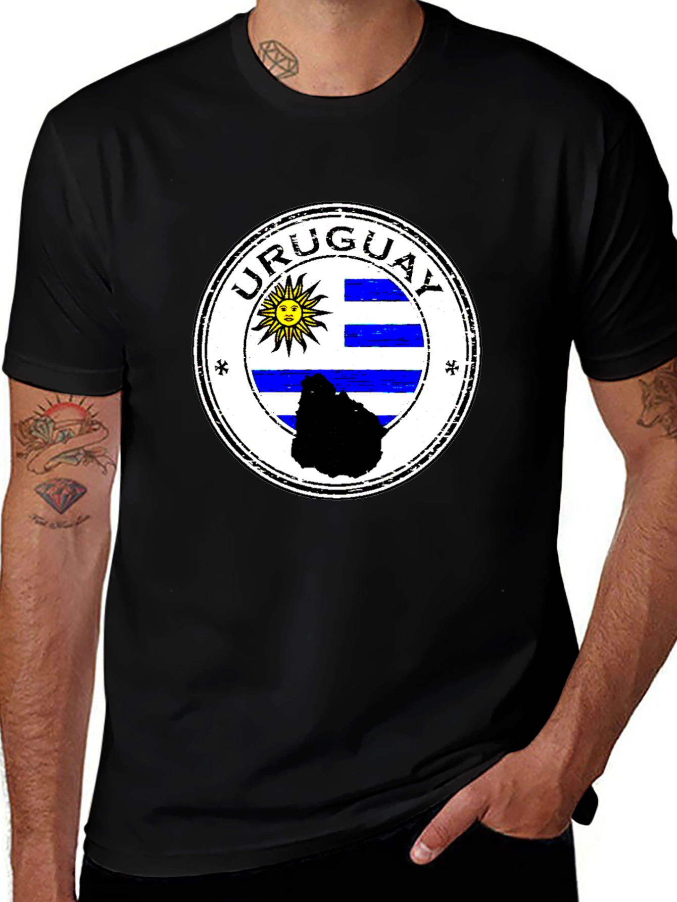 Uruguay Flag Graphic Tee - Black Cotton T-Shirt
