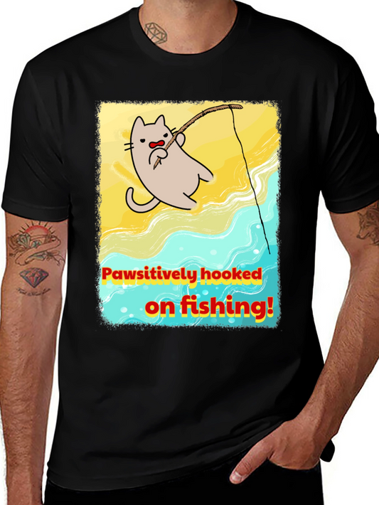 Pawsitively Hooked Cat Fishing Graphic Tee