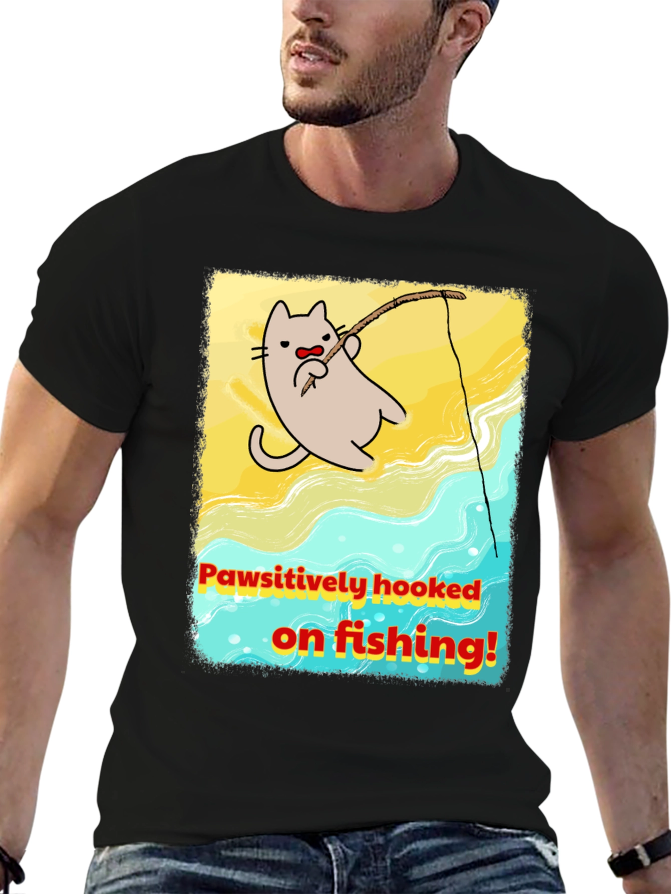 Pawsitively Hooked Cat Fishing Graphic Tee