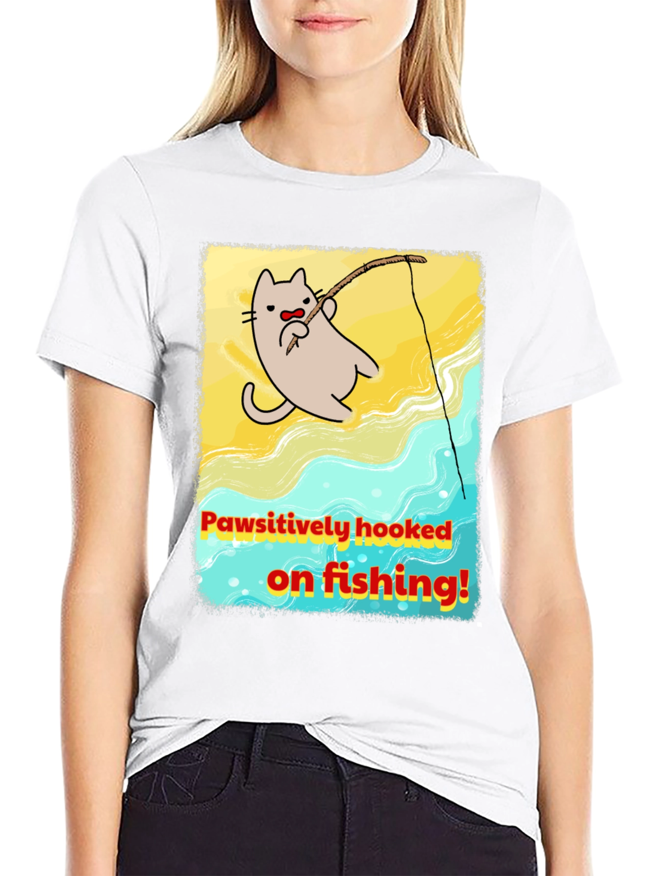 Pawsitively Hooked Cat Fishing Graphic Tee