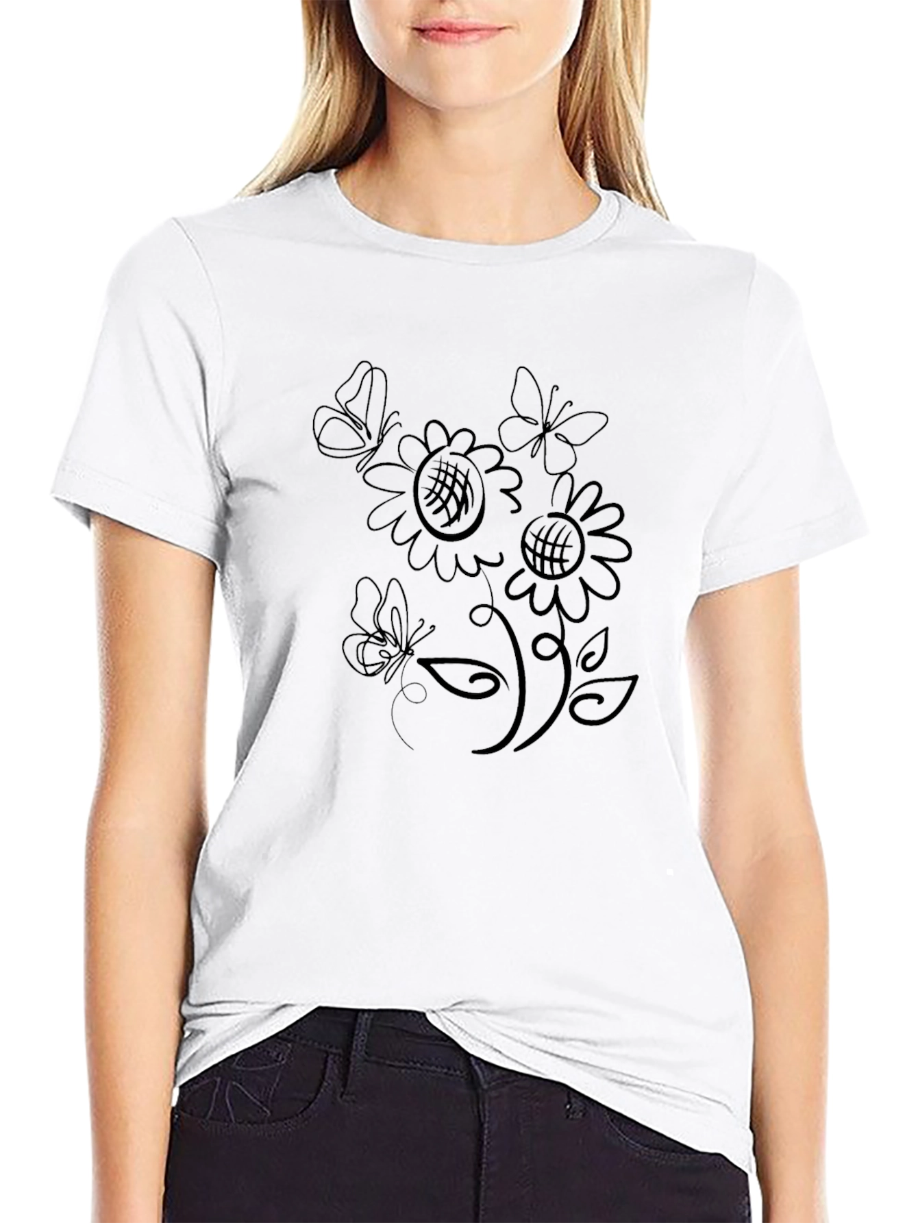Butterfly & Sunflower Graphic T-Shirt - Black