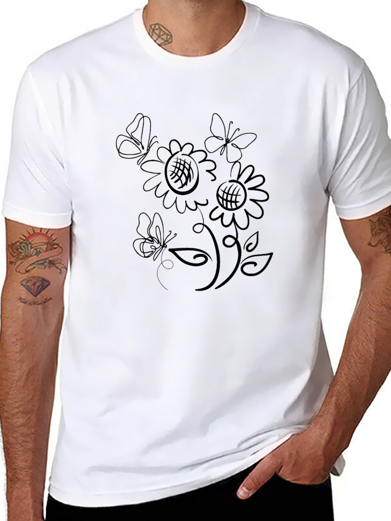 Butterfly & Sunflower Graphic T-Shirt - Black