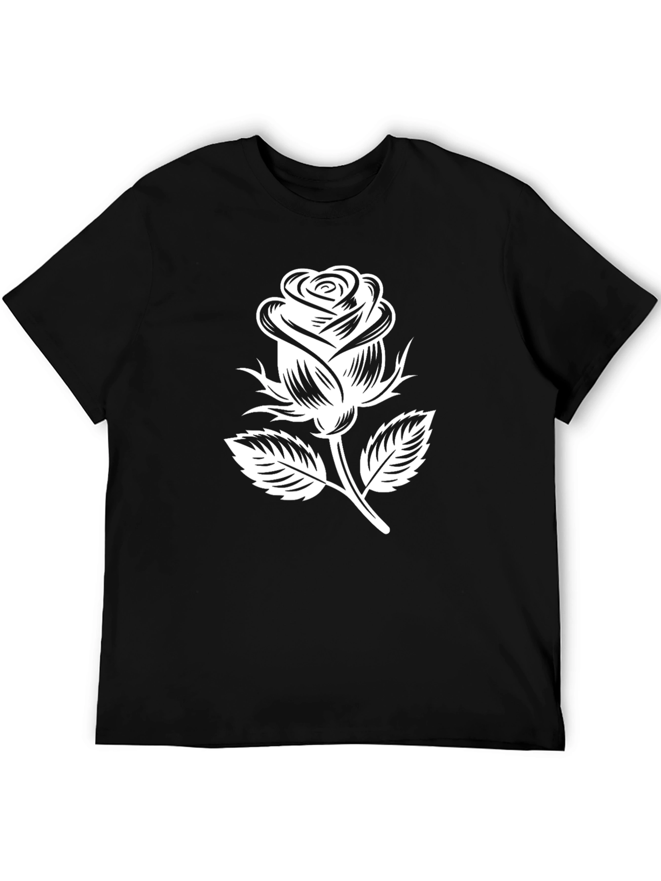 Black T-Shirt with White Rose Graphic