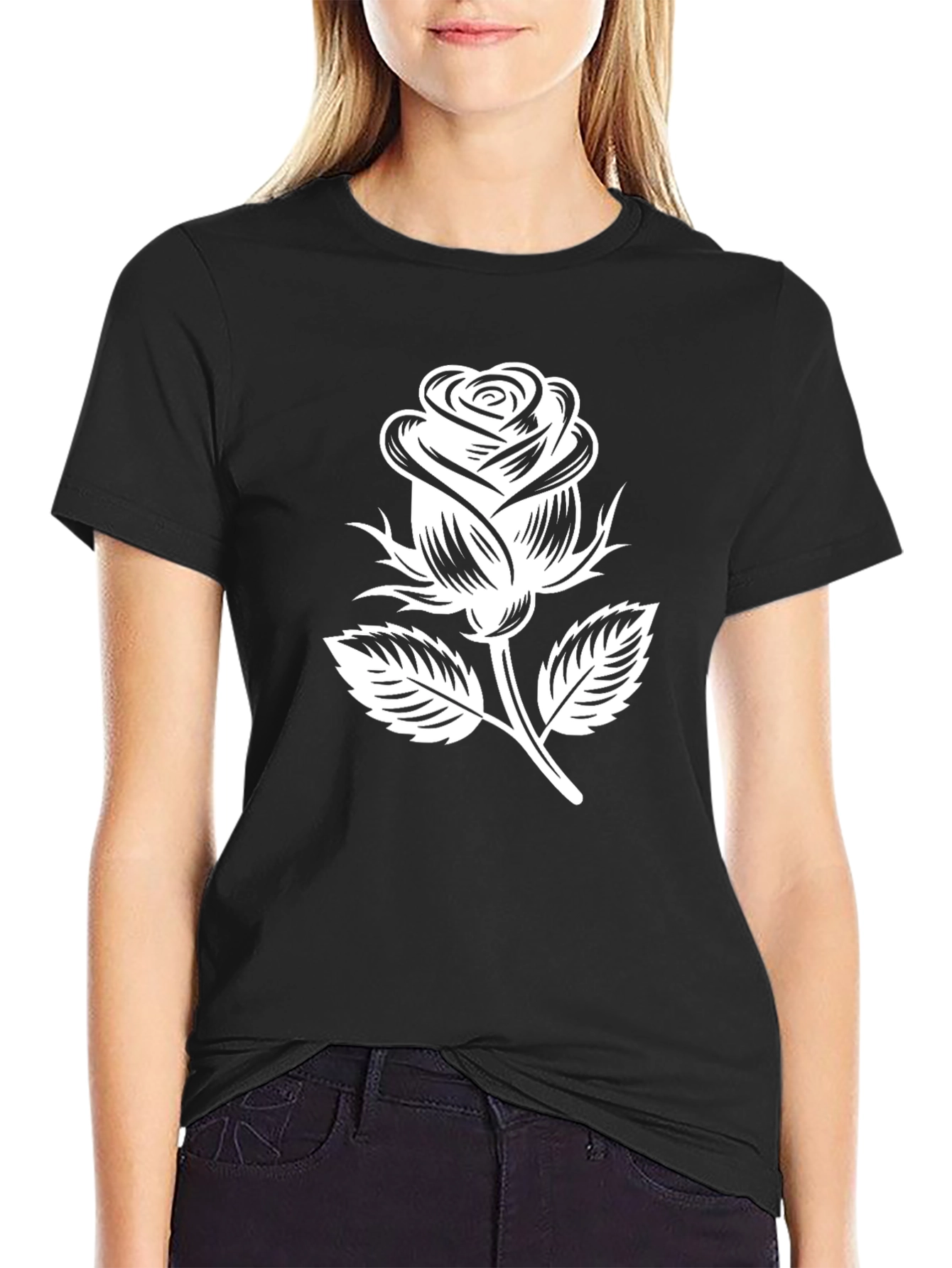 Black T-Shirt with White Rose Graphic