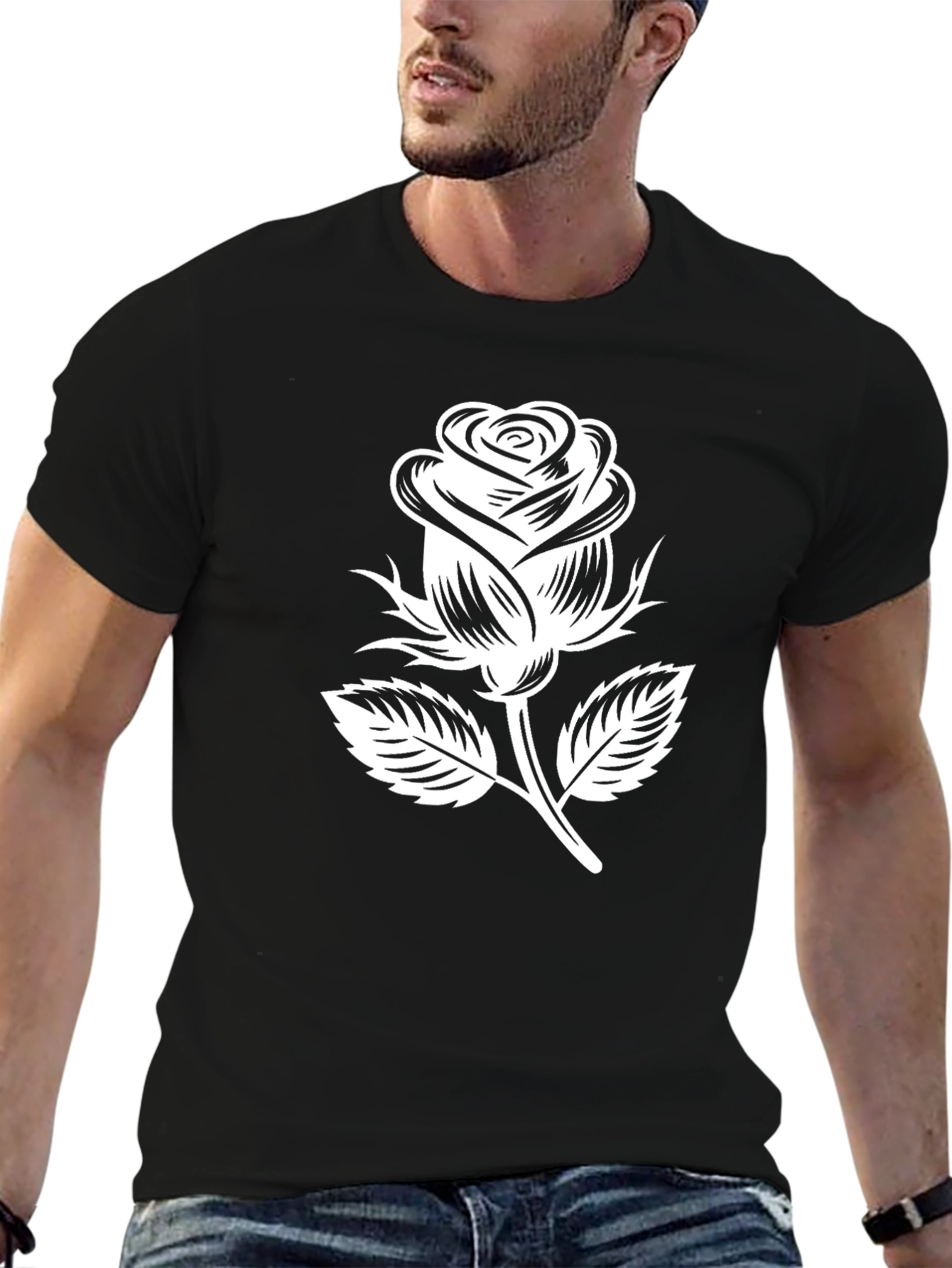 Black T-Shirt with White Rose Graphic