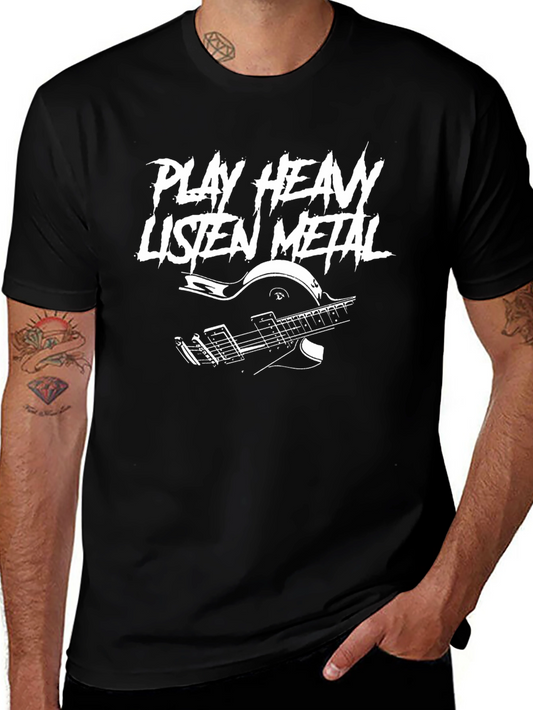 Play Heavy Listen Metal Black T-Shirt Guitar