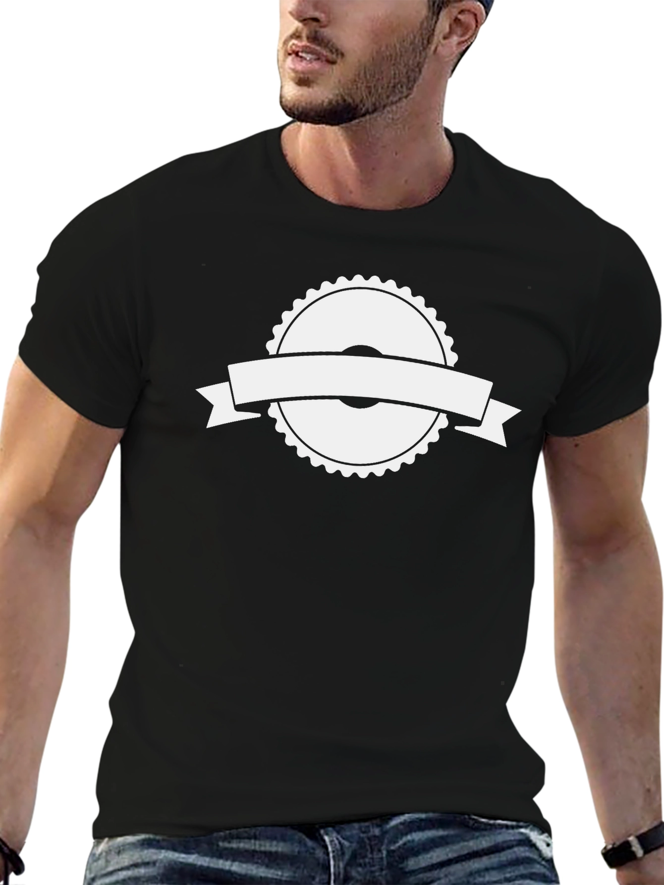 Black T-Shirt with White Ribbon Graphic