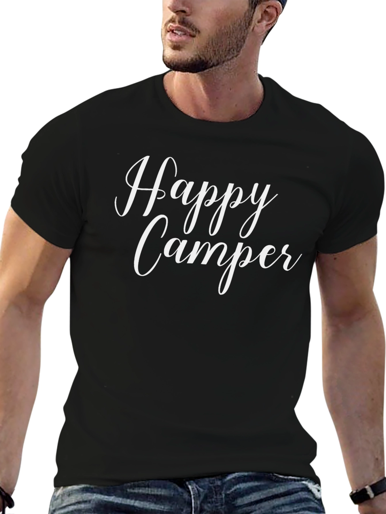 Happy Camper Graphic Tee - Black Cotton T-Shirt