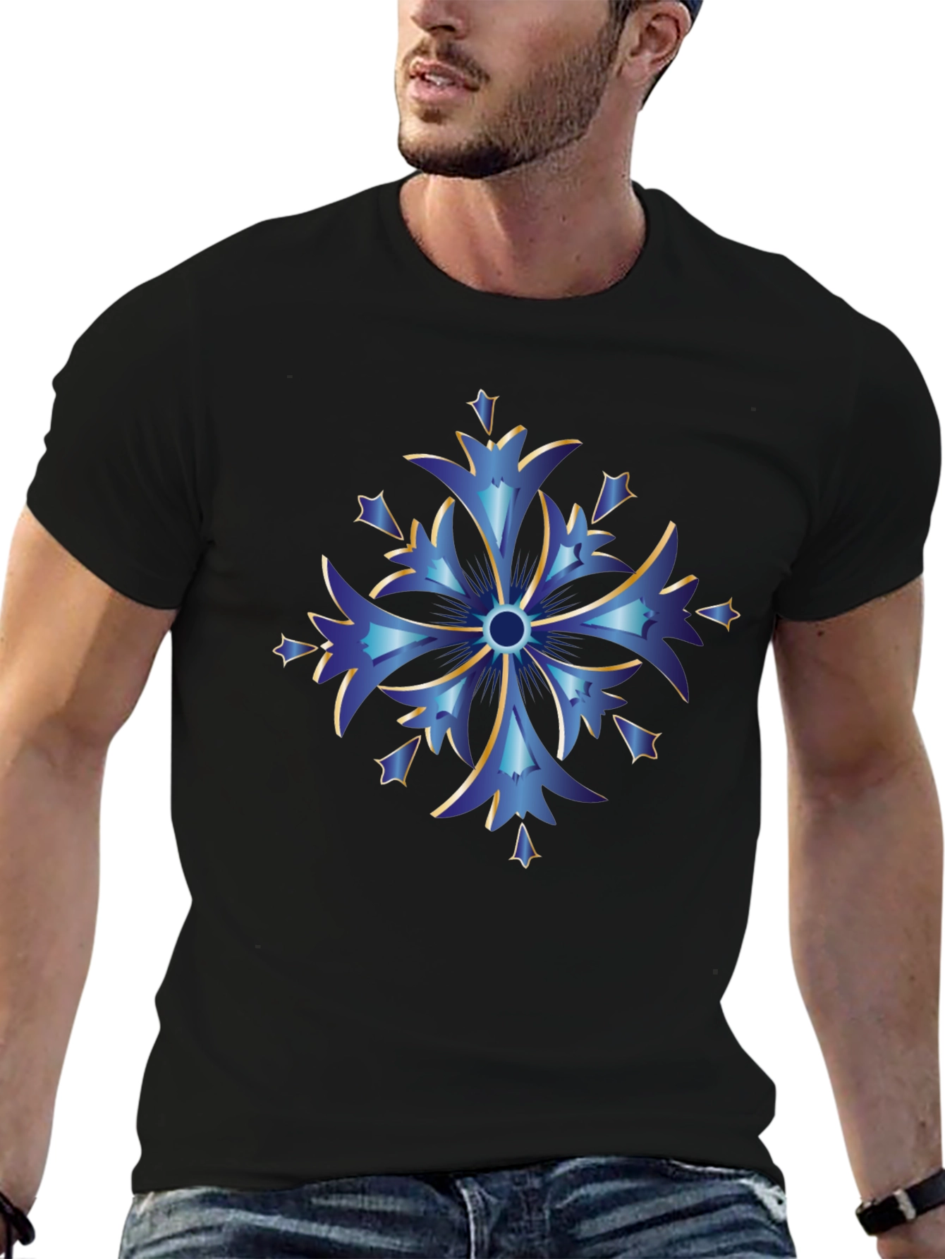 Blue Snowflake Graphic Tee - Stylish Mens Black T-Shirt