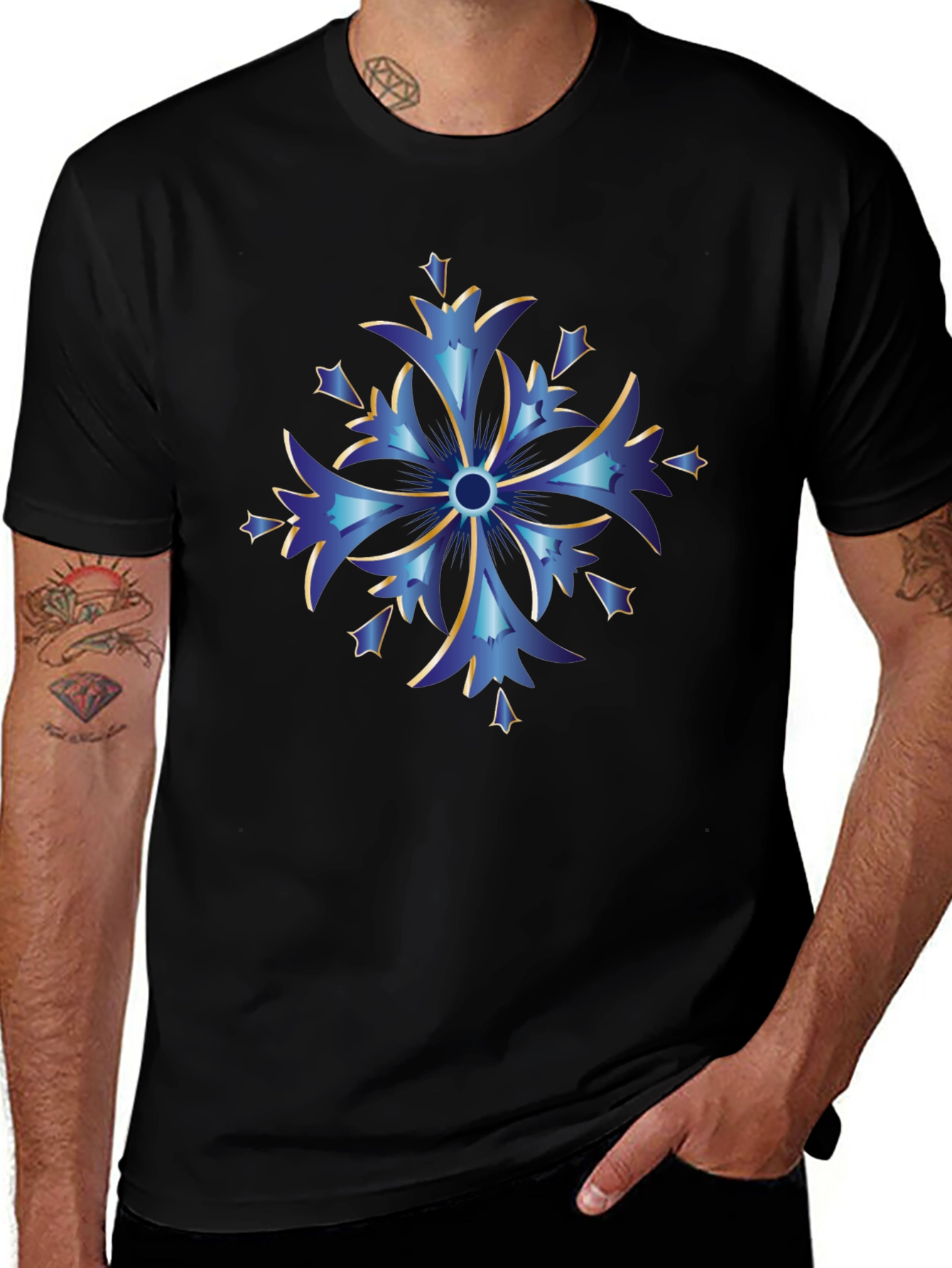 Blue Snowflake Graphic Tee - Stylish Mens Black T-Shirt