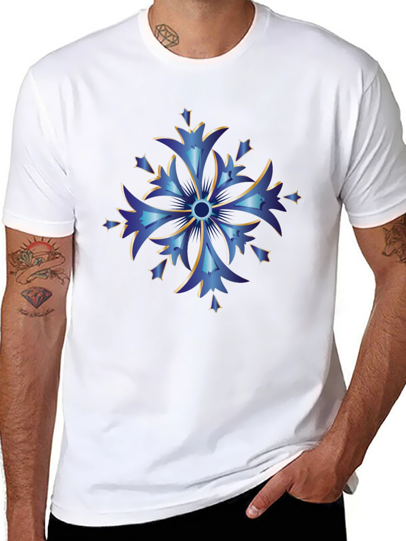 Blue Snowflake Graphic Tee - Stylish Mens Black T-Shirt