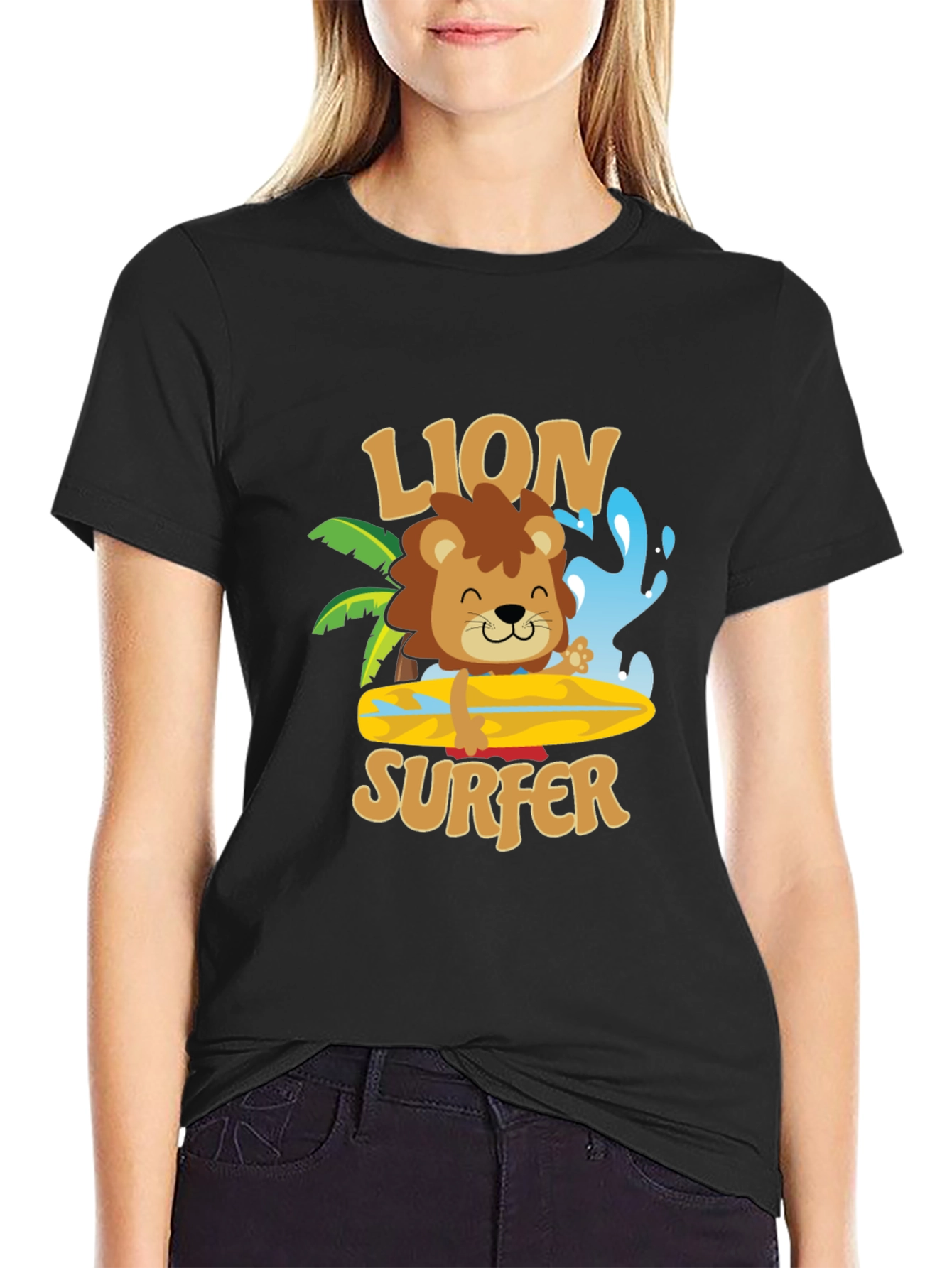 Lion Surfer T-Shirt - Cute Cartoon Design