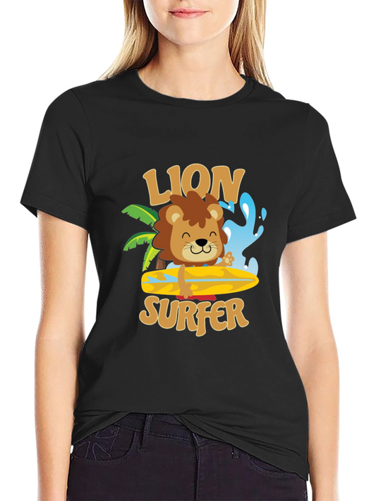 Lion Surfer T-Shirt - Cute Cartoon Design