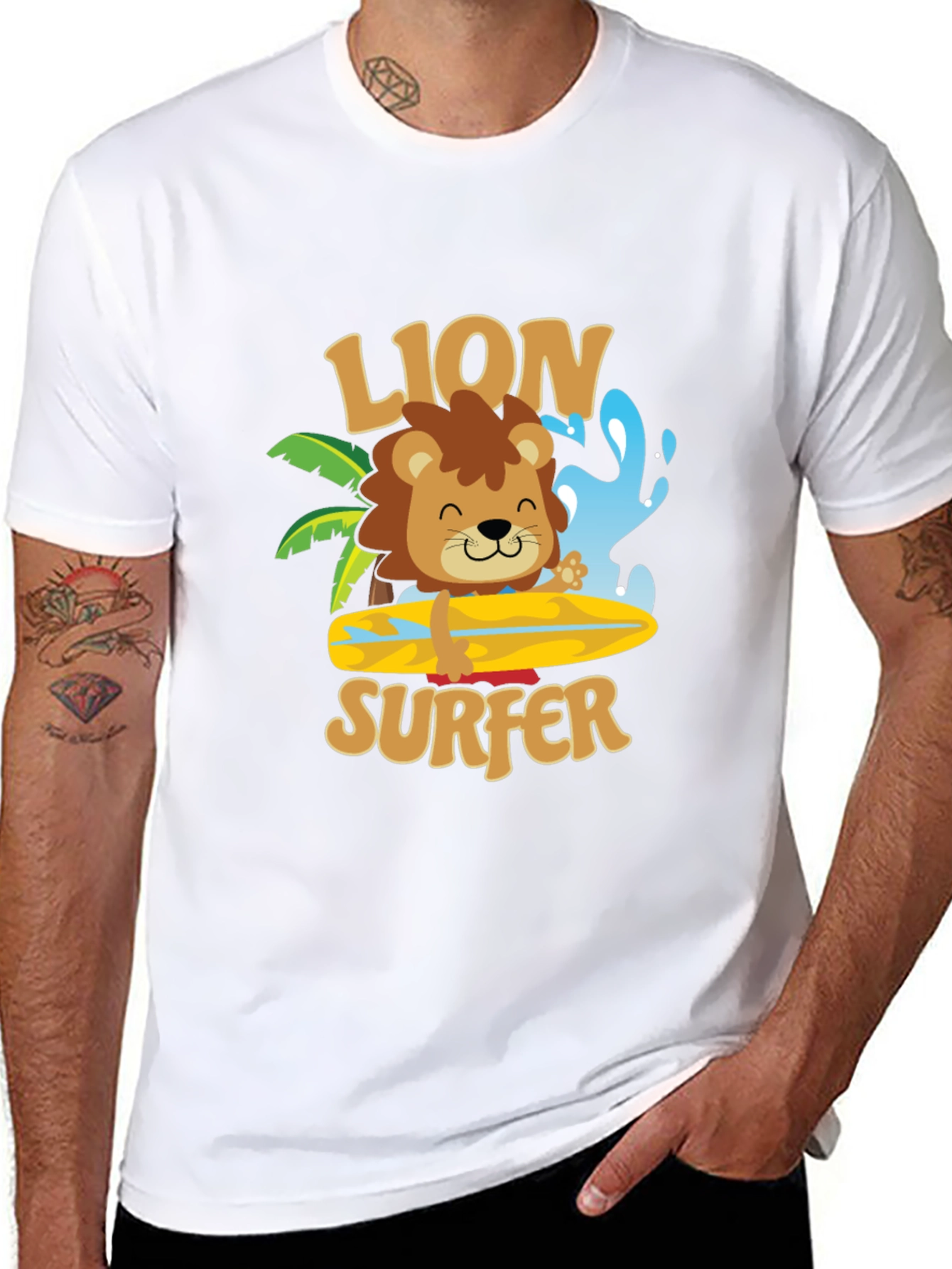 Lion Surfer T-Shirt - Cute Cartoon Design