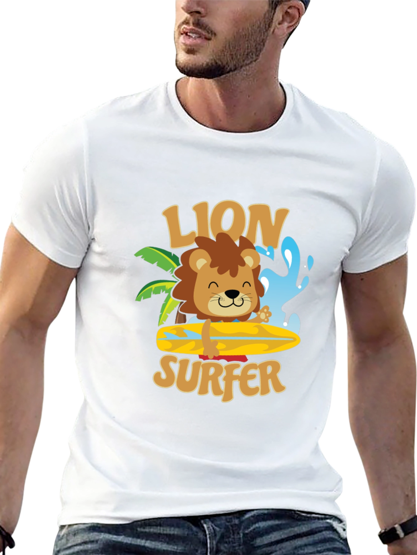 Lion Surfer T-Shirt - Cute Cartoon Design