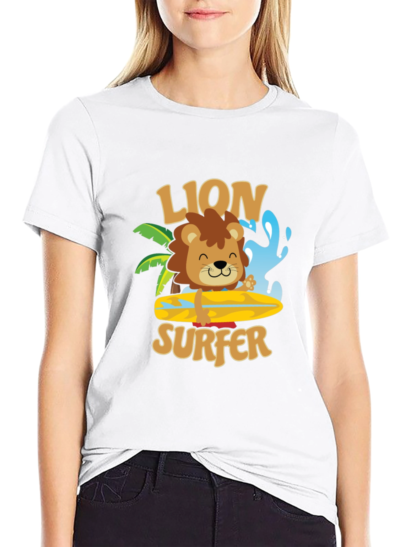 Lion Surfer T-Shirt - Cute Cartoon Design