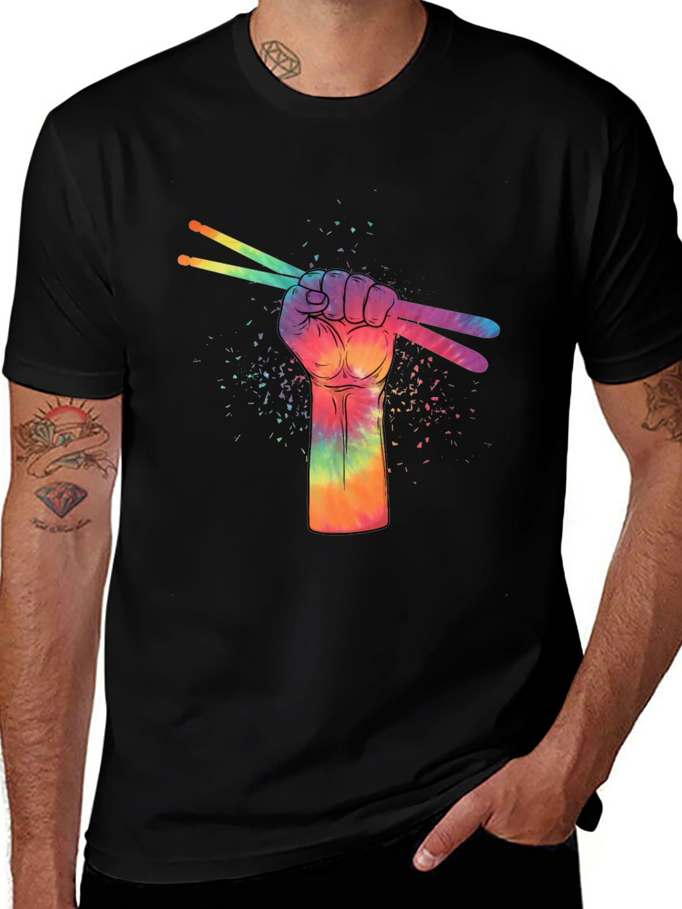Rainbow Drummer Hand Black T-Shirt