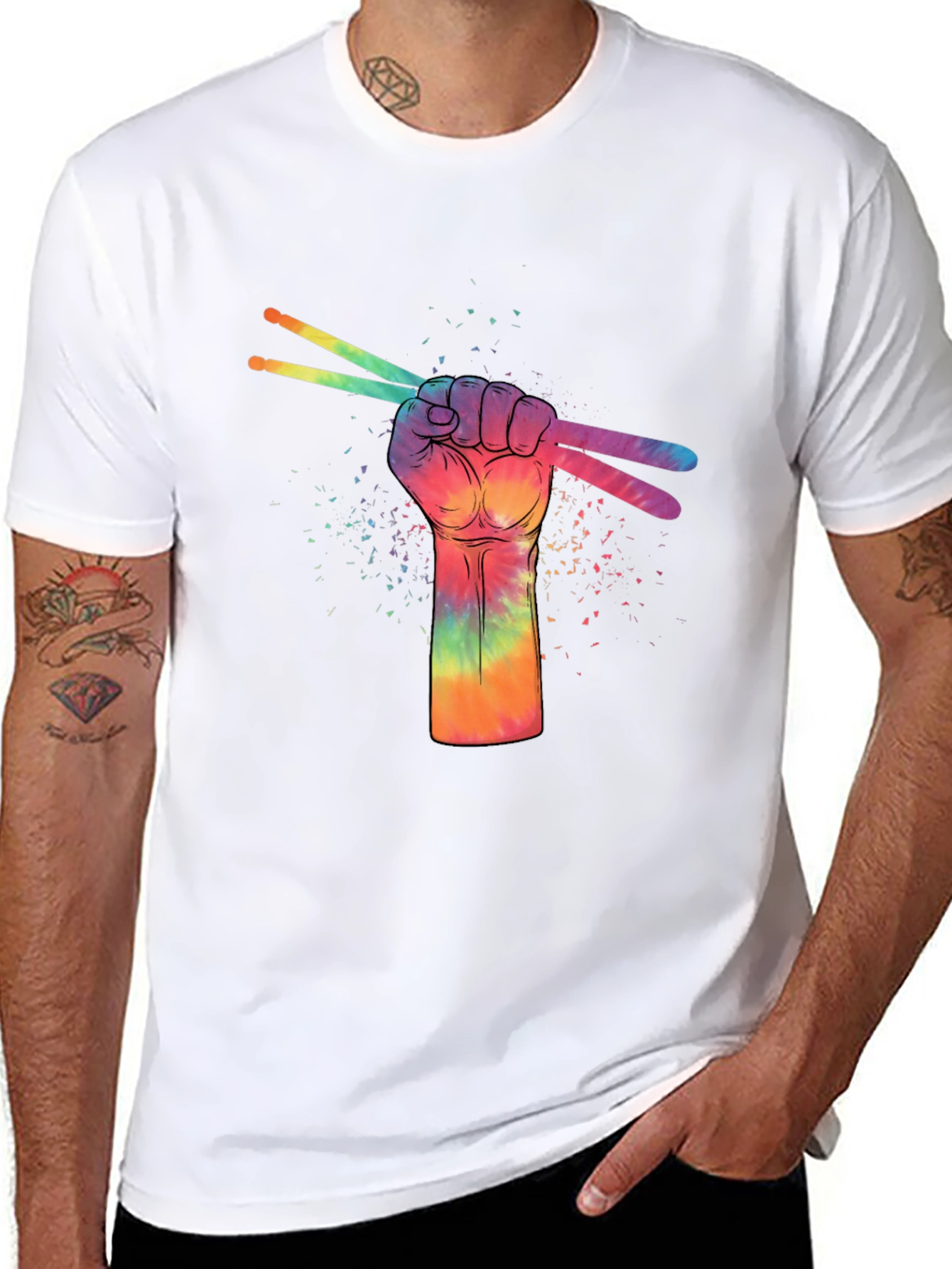 Rainbow Drummer Hand Black T-Shirt