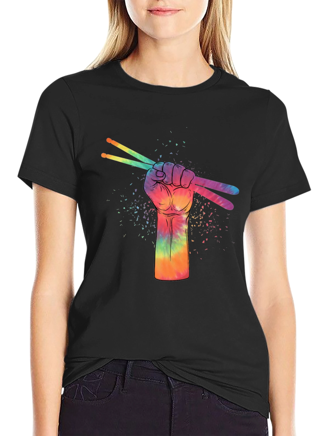 Rainbow Drummer Hand Black T-Shirt