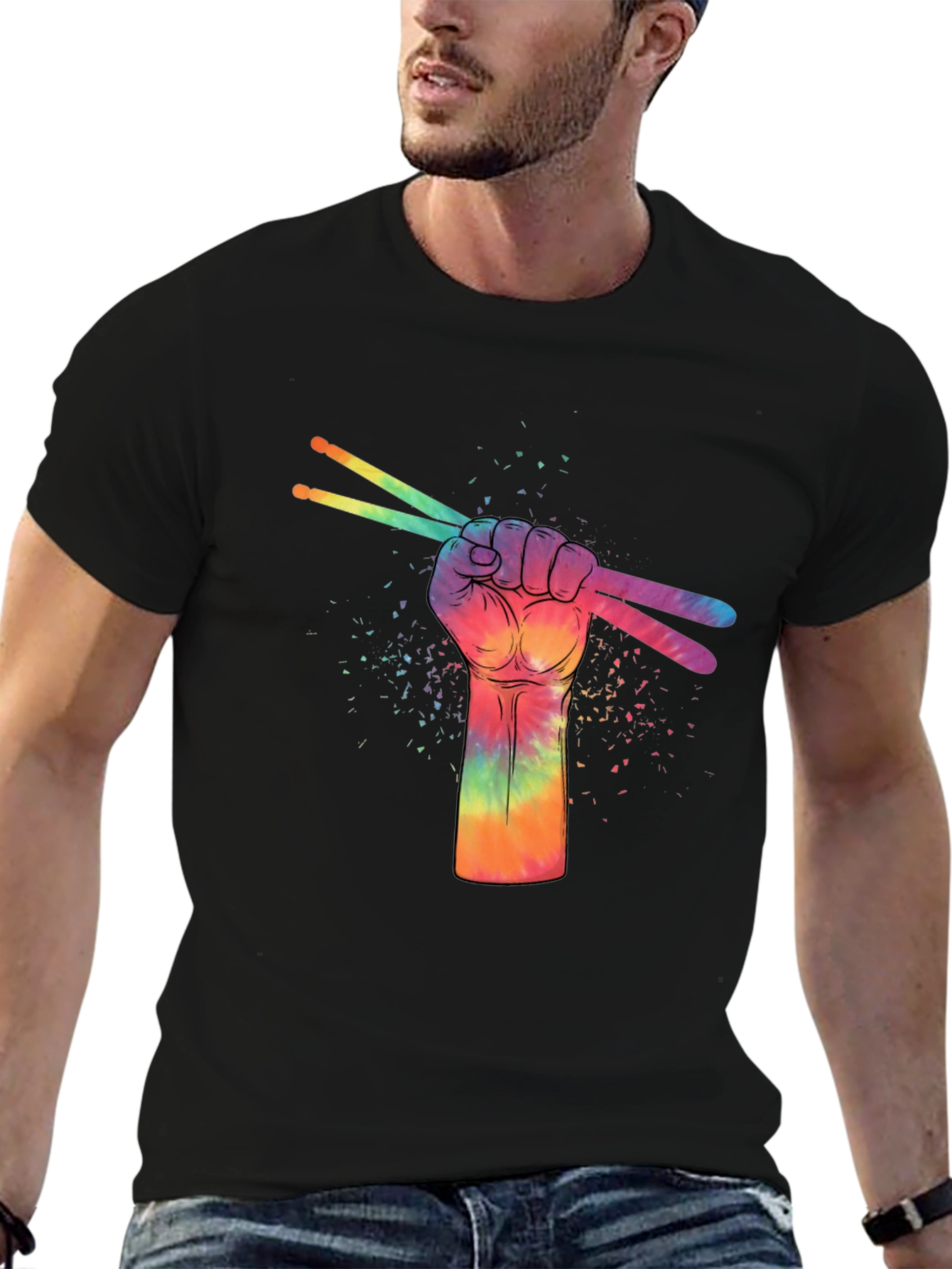 Rainbow Drummer Hand Black T-Shirt