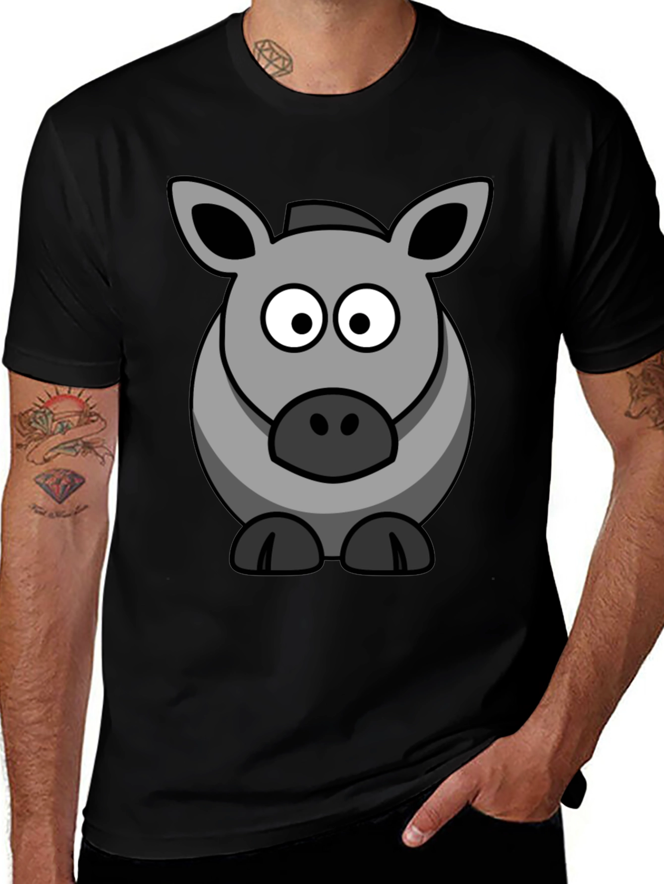 Cartoon Donkey Graphic Tee - Black Cotton Casual Shirt