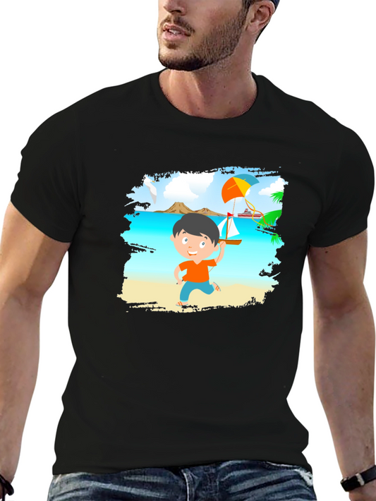 Cartoon Beach Boy Black T-Shirt