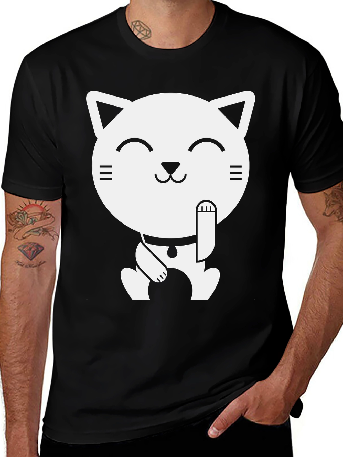 Lucky Cat Graphic Tee - Black Cotton T-Shirt