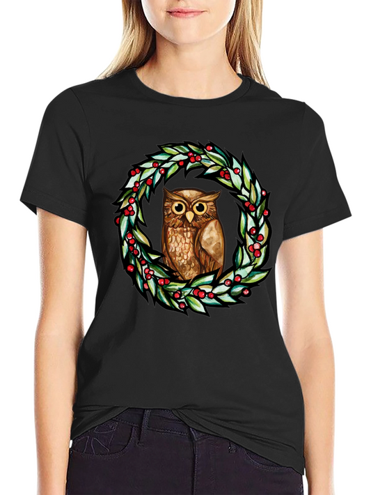 Owl Wreath Graphic Tee - Black Cotton Blend T-Shirt