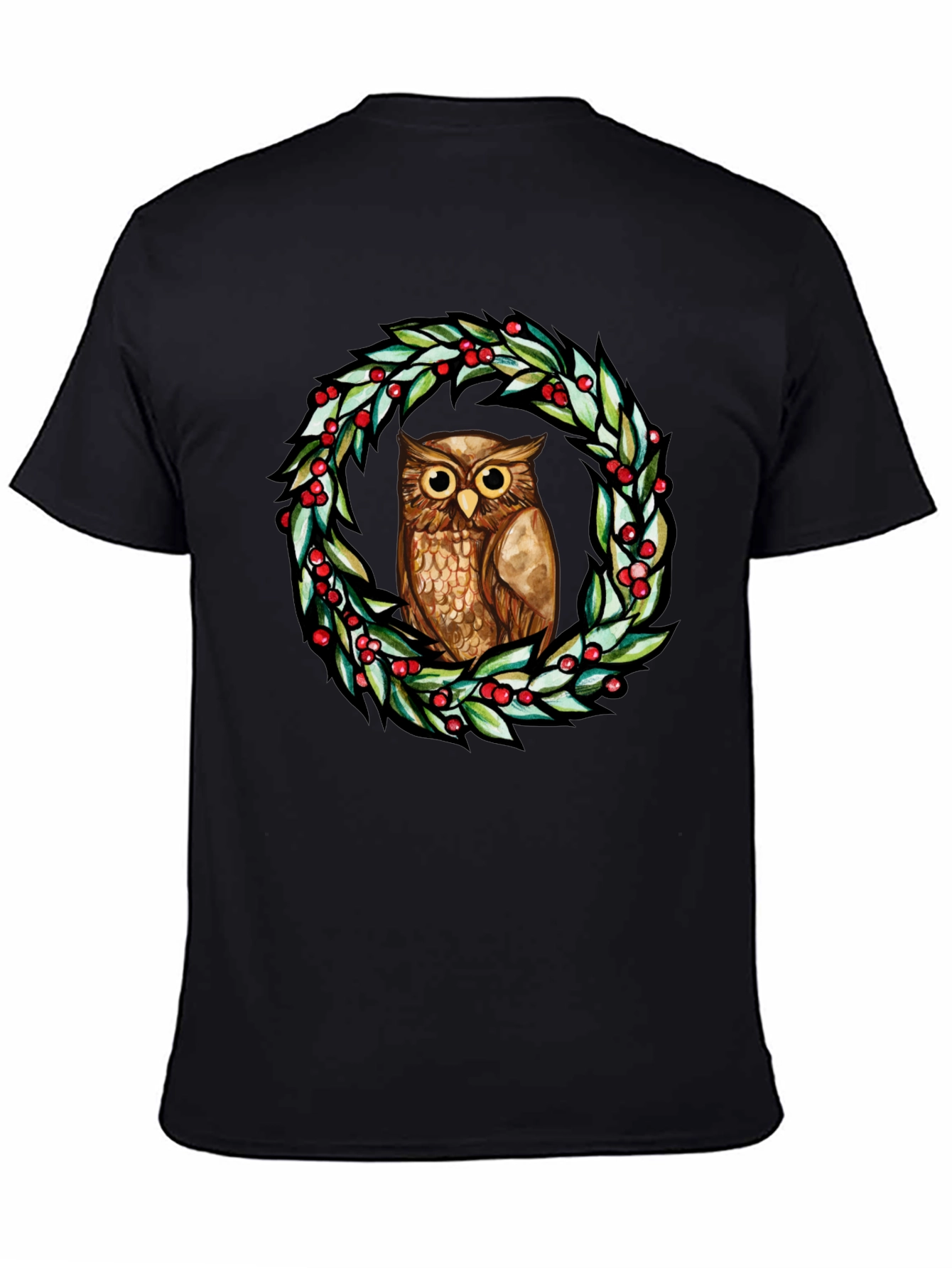 Owl Wreath Graphic Tee - Black Cotton Blend T-Shirt