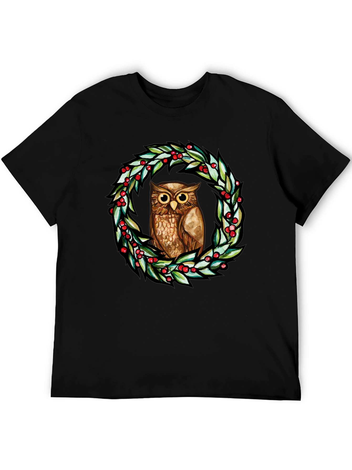 Owl Wreath Graphic Tee - Black Cotton Blend T-Shirt